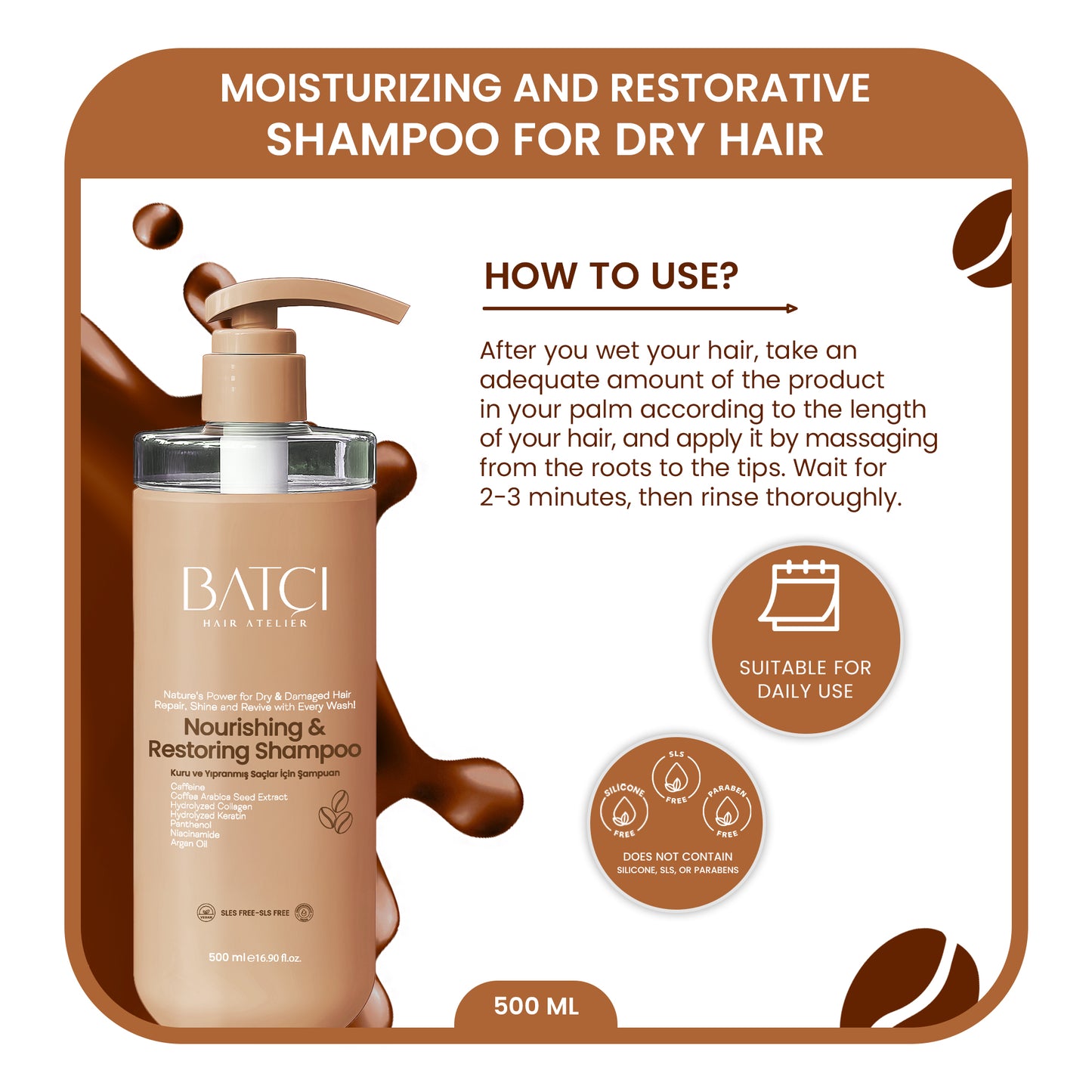 Shampoo Nutritivo e Reparador com Extrato de Café BATCI® para Cabelos Secos e Danificados 500ml