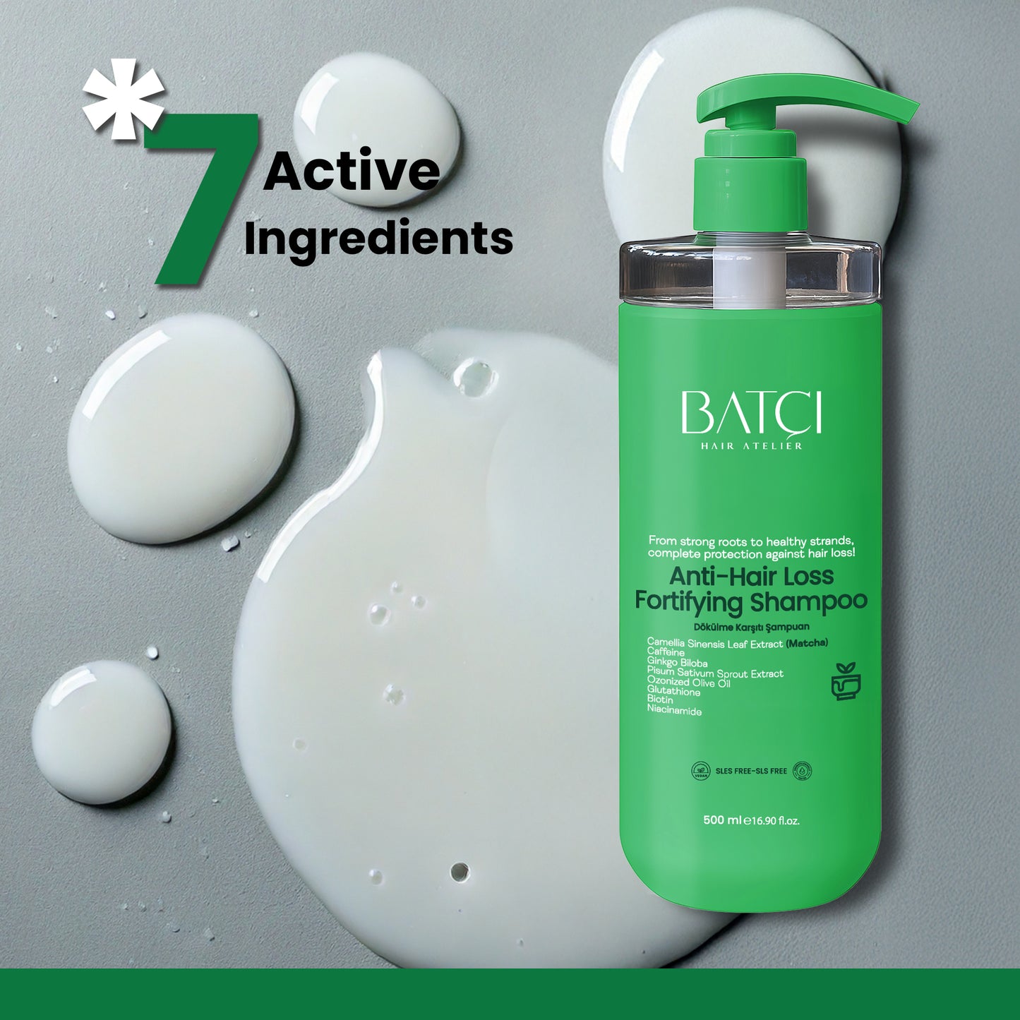 Champú anticaída BATCI® Fórmula nutritiva con extracto de té matcha 500 ml